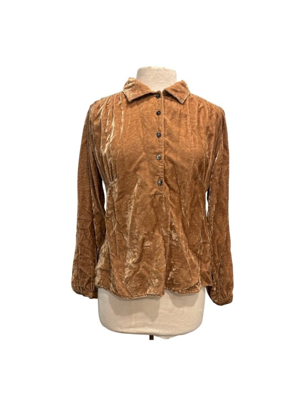 J.Jill Crushed Velvet Blouse Women’s M Taupe Button Front Long Sleeve Boho Chic - Picture 2 of 7